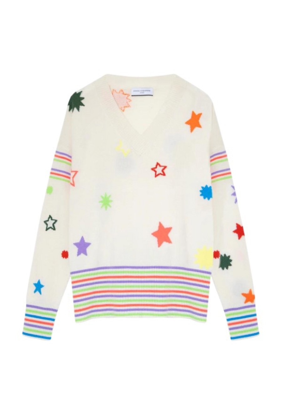 Erre Esse Cocoa Cashmere Alise Natural White V Neck Jumper With Stars & Stripes Wholesale