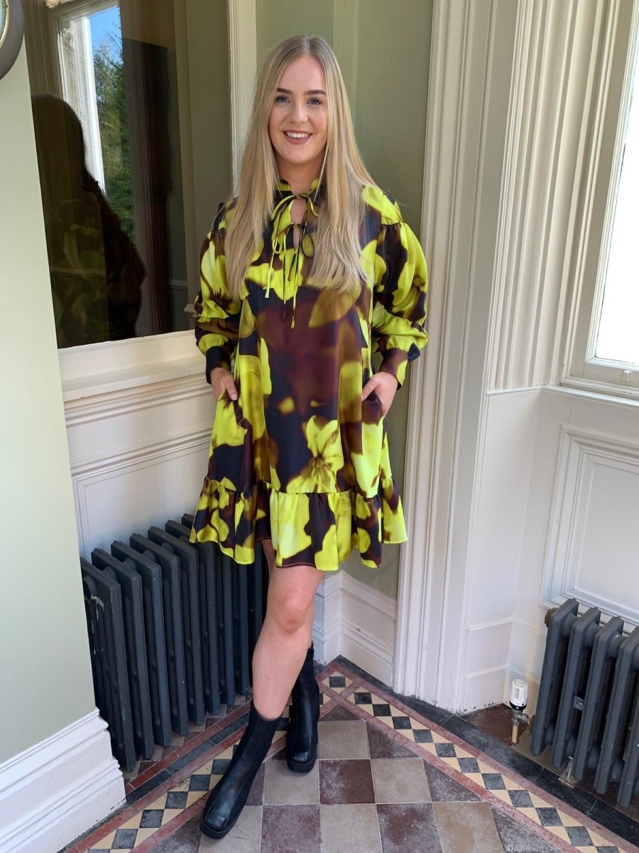 Erre Esse Beatrice B Blurred Print Silk Dress In Sunflower, Black And Chocolate Clearance