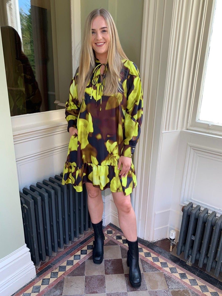 Erre Esse Beatrice B Blurred Print Silk Dress In Sunflower, Black And Chocolate Clearance