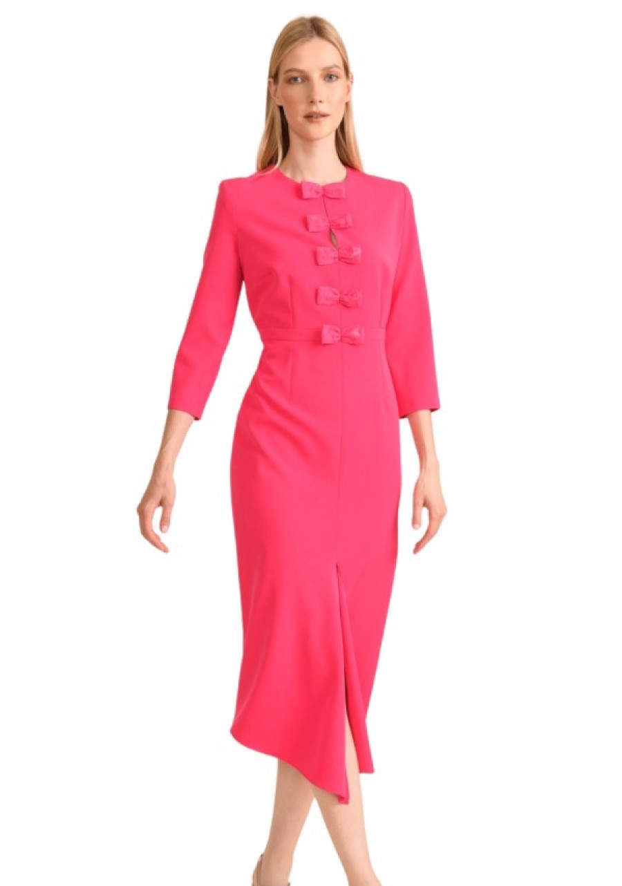 Erre Esse Caroline Kilkenny Maggy Bow Placket Midi Dress Pink Clearance