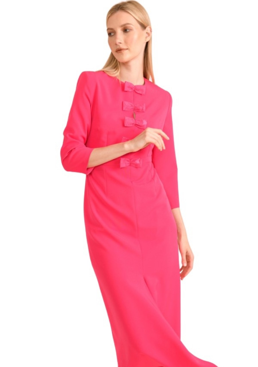 Erre Esse Caroline Kilkenny Maggy Bow Placket Midi Dress Pink Clearance