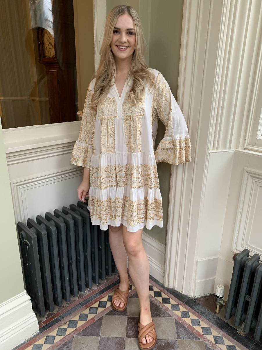 Erre Esse Greek Kori Natural Cream And Gold Embroidered Cotton Tiered Tunic Dress Best