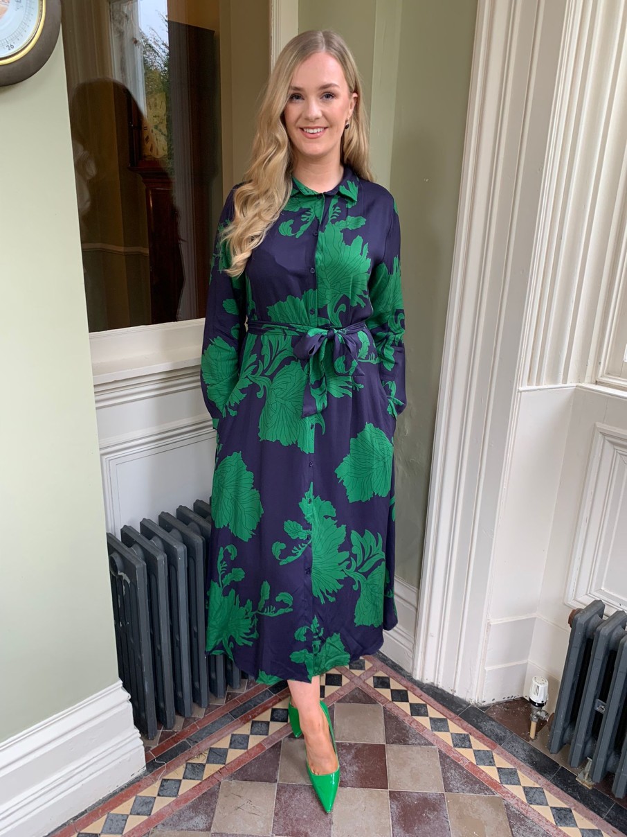 Erre Esse Anonyme Leaf Dealt Navy And Green Leaf Shirt Long Dress Online