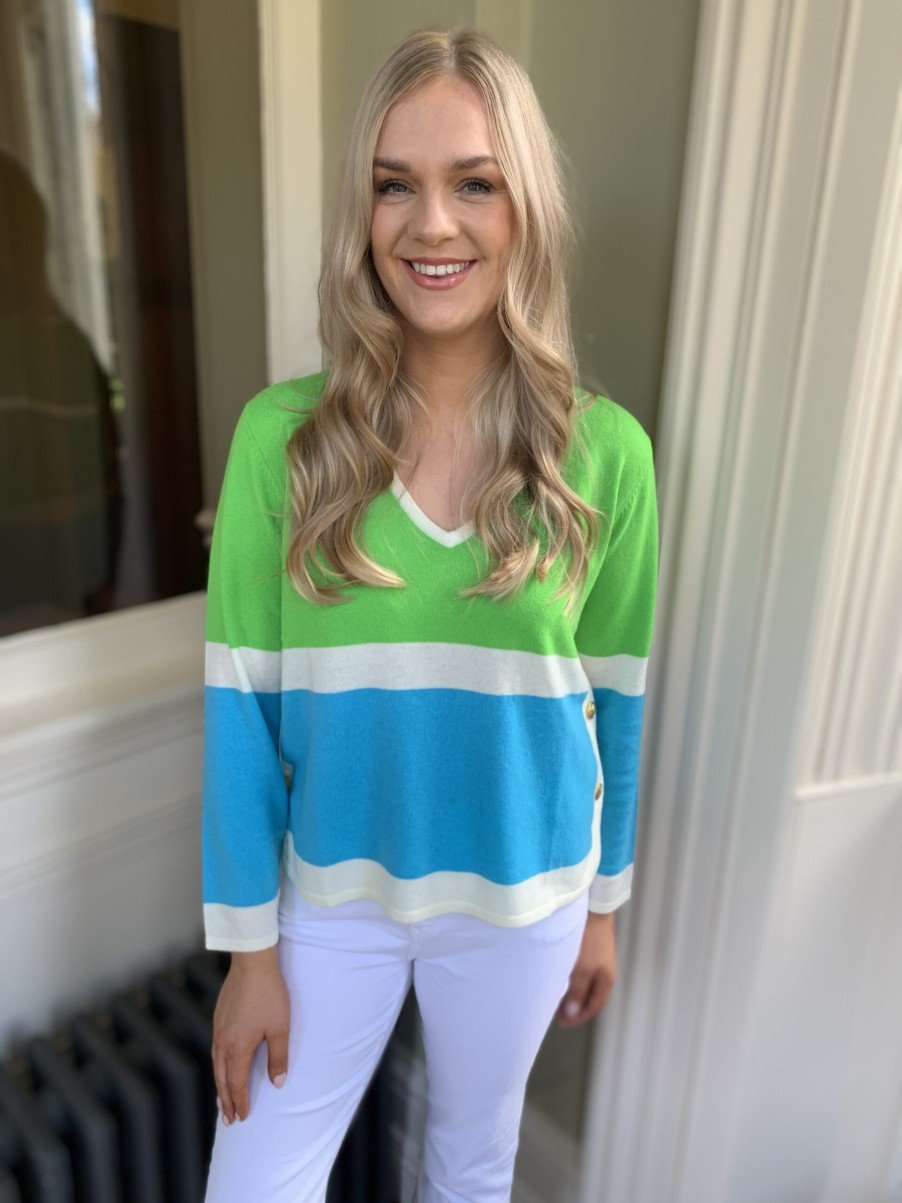 Erre Esse Vilagallo Knit Sweater In Colour Block Green, Blue & Cream Wholesale