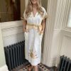 Erre Esse Greek Kori Natural & Gold Embroidered Linen Kaftan With Gold Belt Best