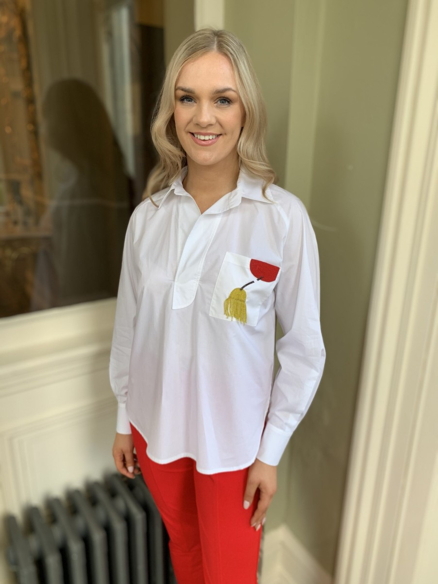 Erre Esse Beatrice B White Poplin Cotton Shirt With Red And Mustard Beaded Detail Online