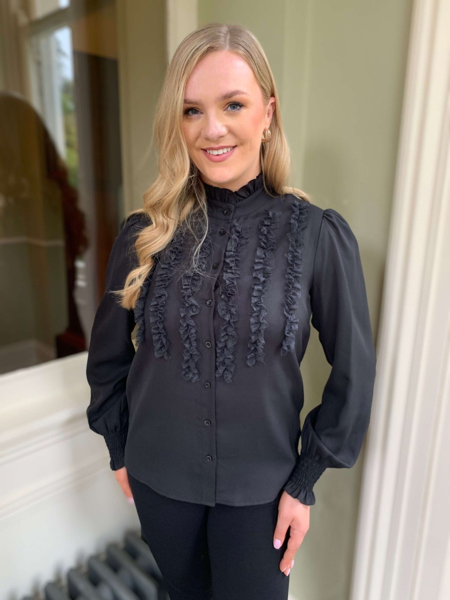 Erre Esse Fracomina Black Blouse With Frill Detailing On Front Best