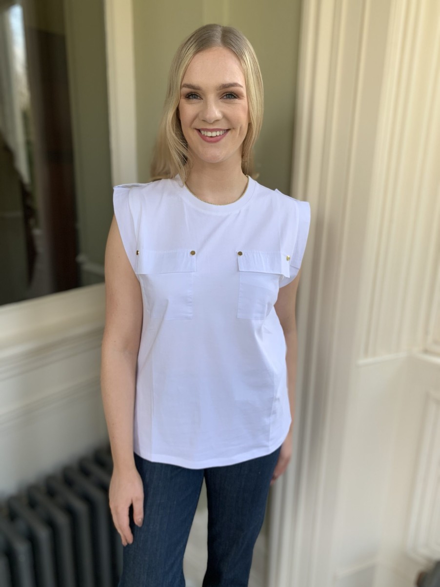 Erre Esse Fracomina White T-Shirt With Gold Trim Detail On Neck And Two Front Pockets Clearance