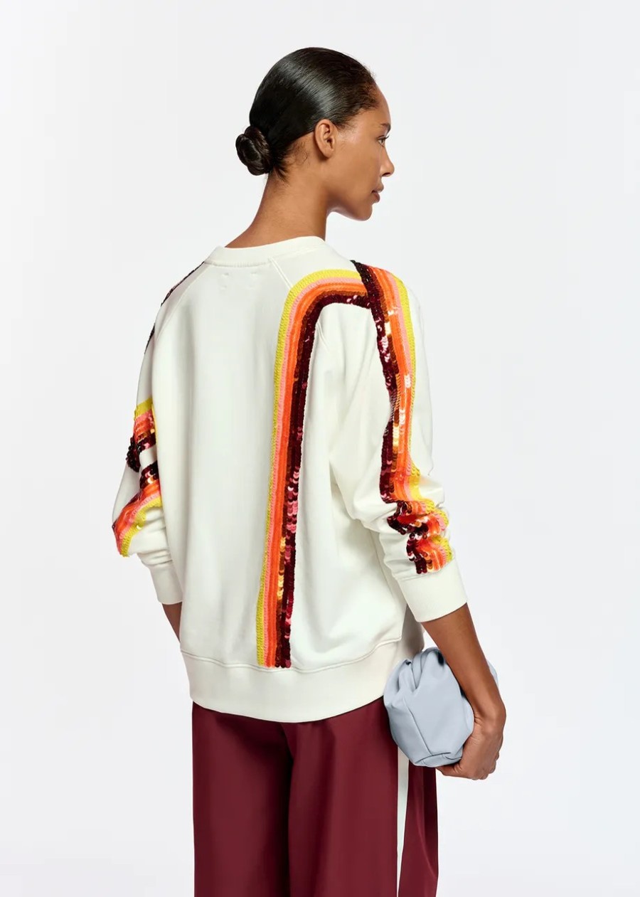 Erre Esse Essentiel Antwerp Filicudi Off White Organic Cotton Sweatshirt With Sequin Embroideries Hot