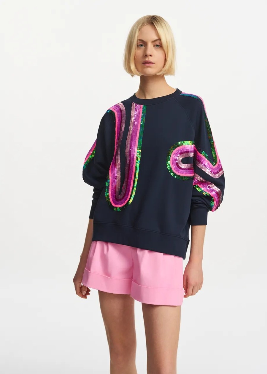 Erre Esse Essentiel Antwerp Filicudi Navy Blue Organic Cotton Sweatshirt With Sequin Embroideries Clearance