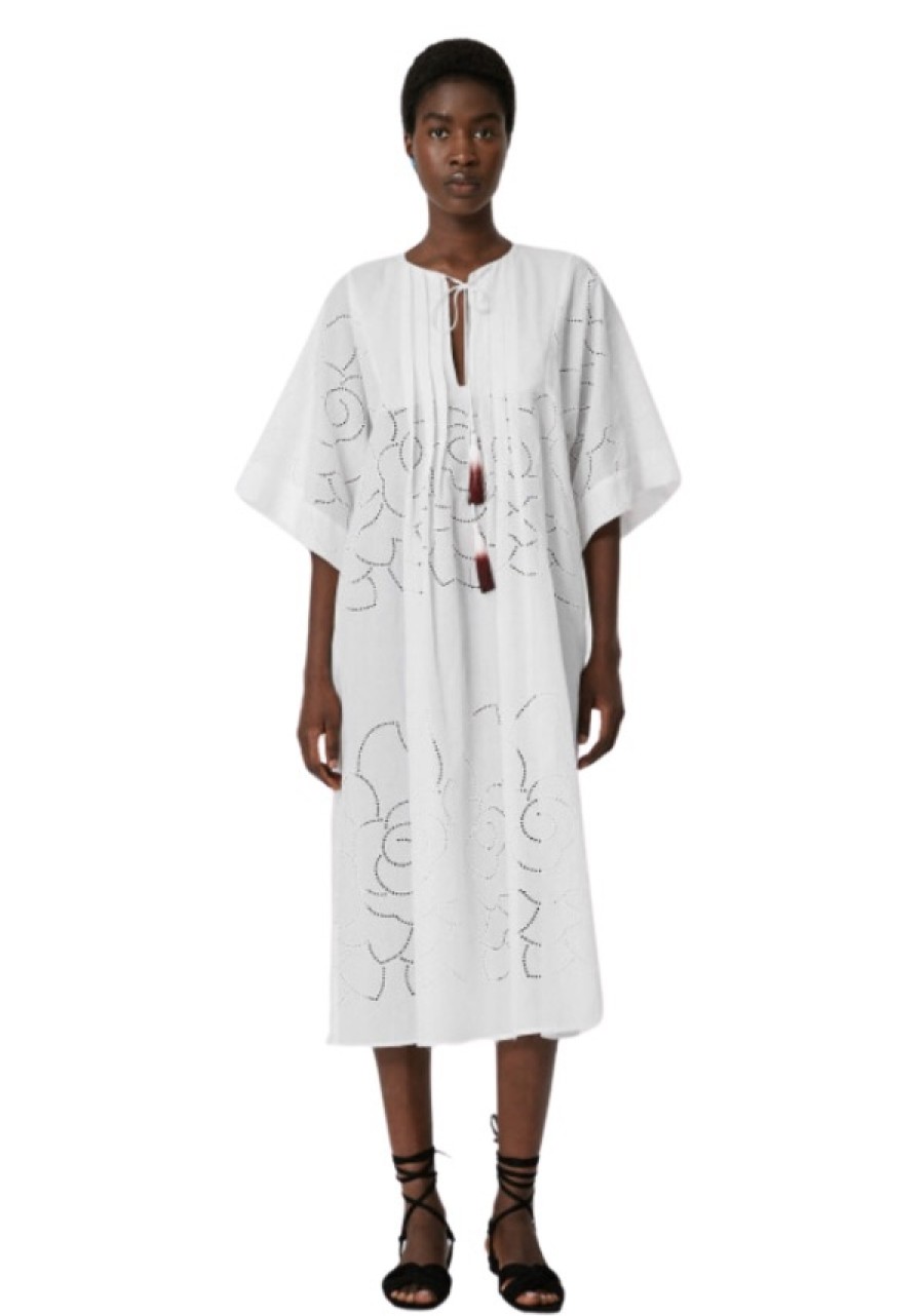 Erre Esse Sfizio White Kaftan Dress With Jour Floral Embrodiery Best